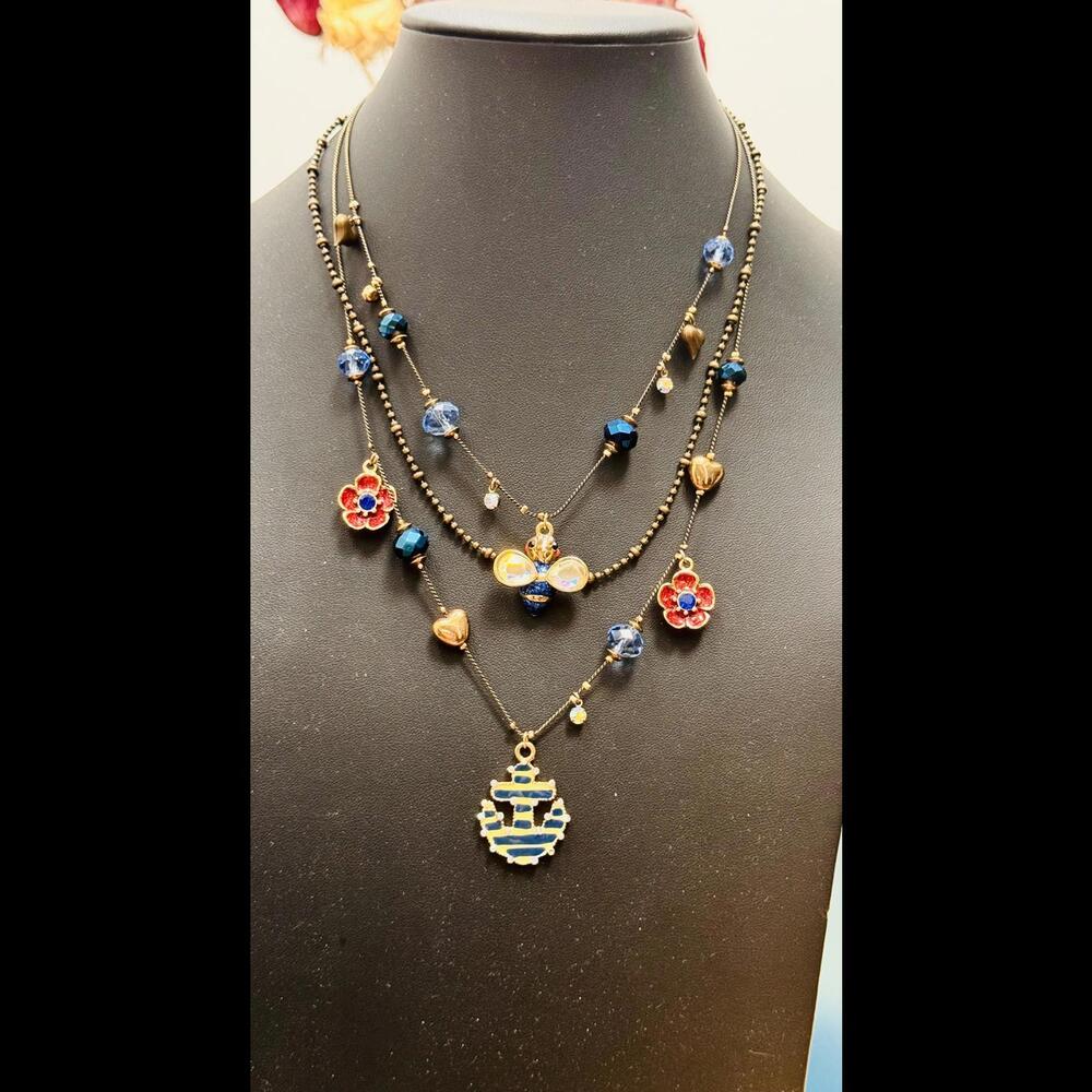 BETSEY JOHNSON 2 CHAIN AND 1 BUBBLE BEAD MULTIPLE CHARM NECKLACE